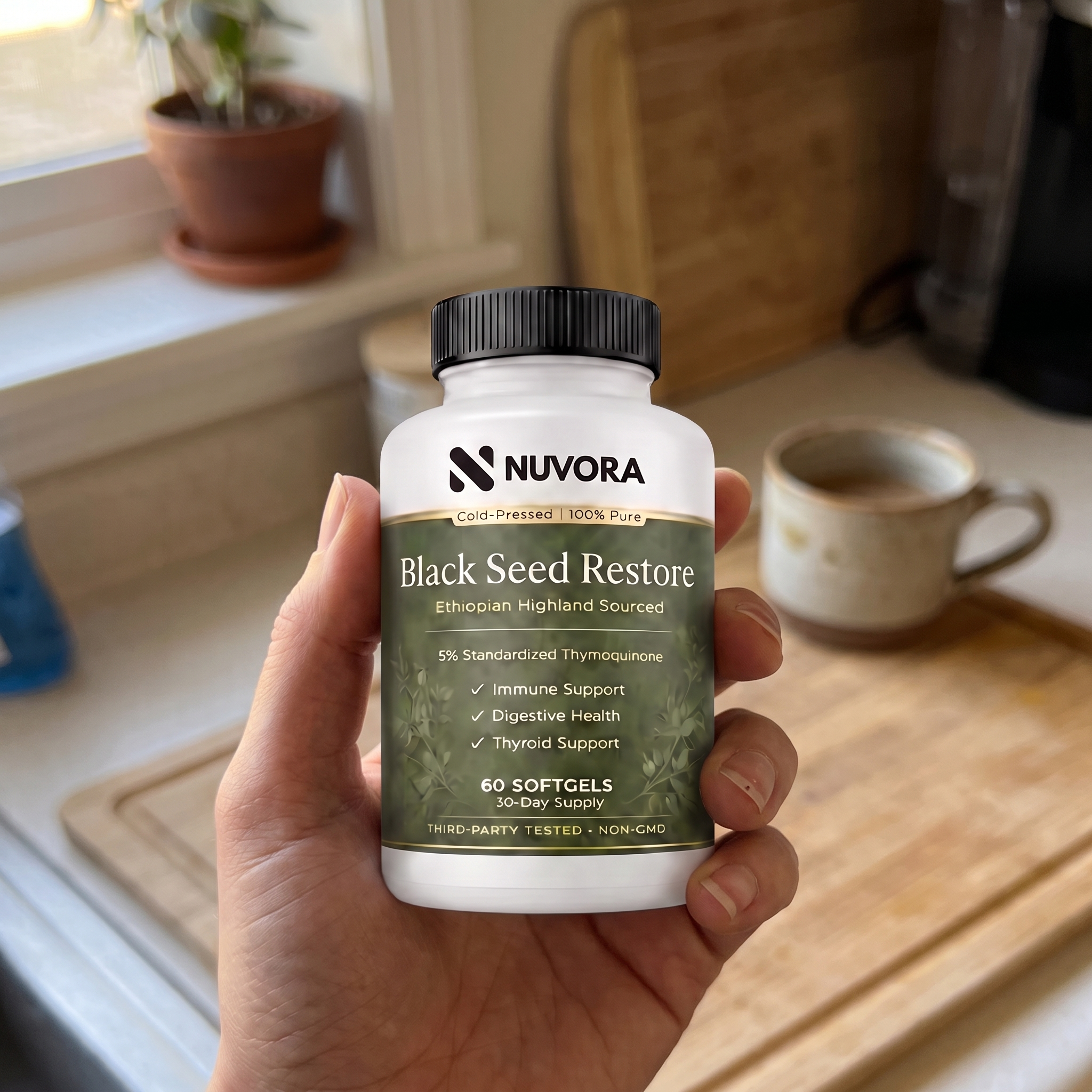 Deborah holding Black Seed Restore