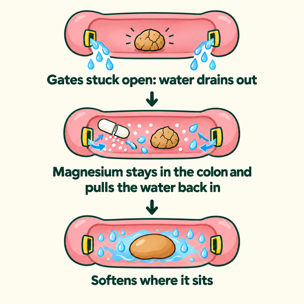 Illustration showing magnesium remaining in the colon and supporting water movement