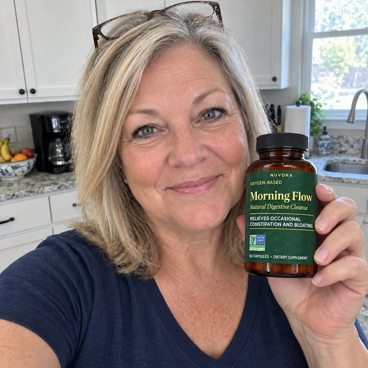 Morning Flow customer holding her bottle at home