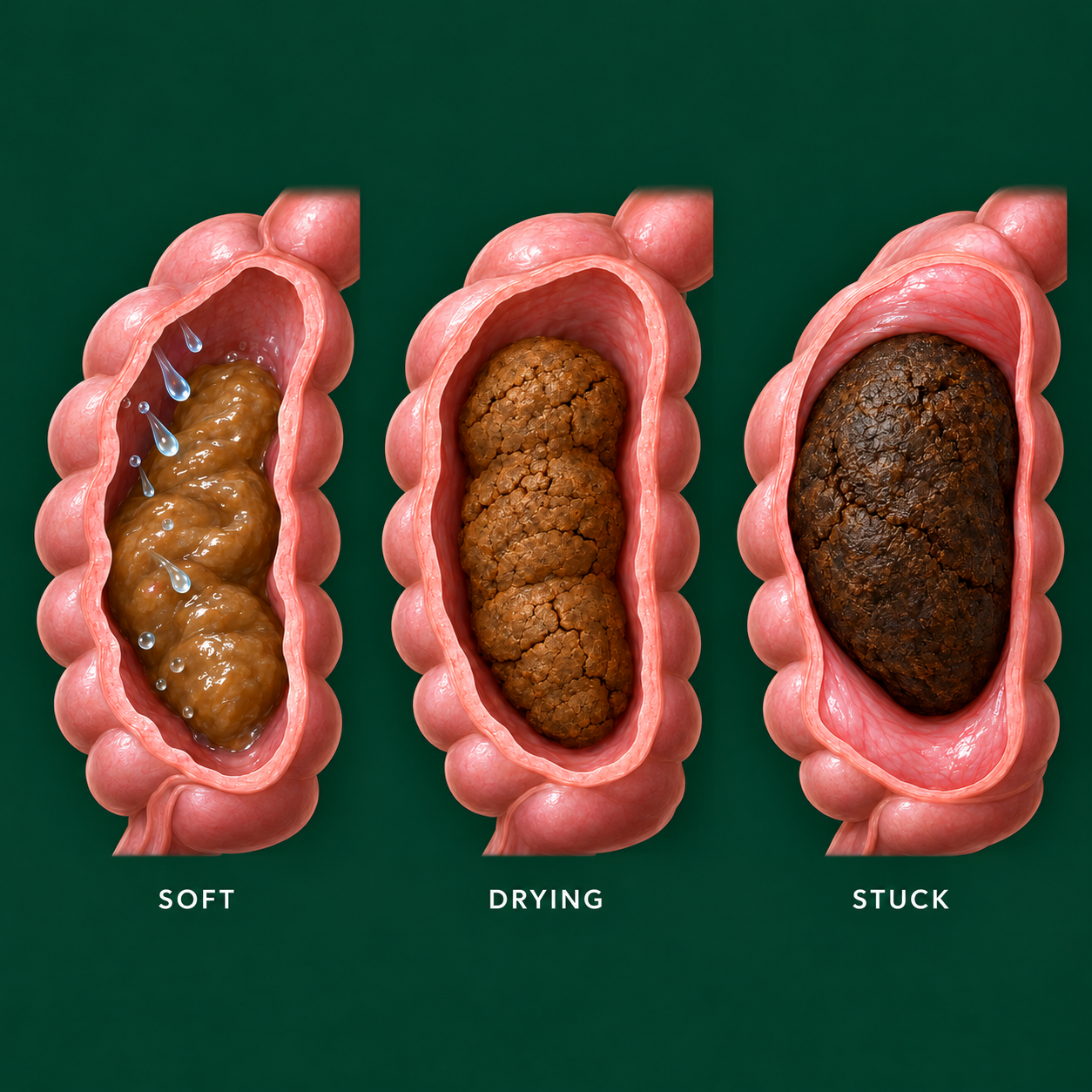 Three stages showing soft, drying and stuck material in the colon