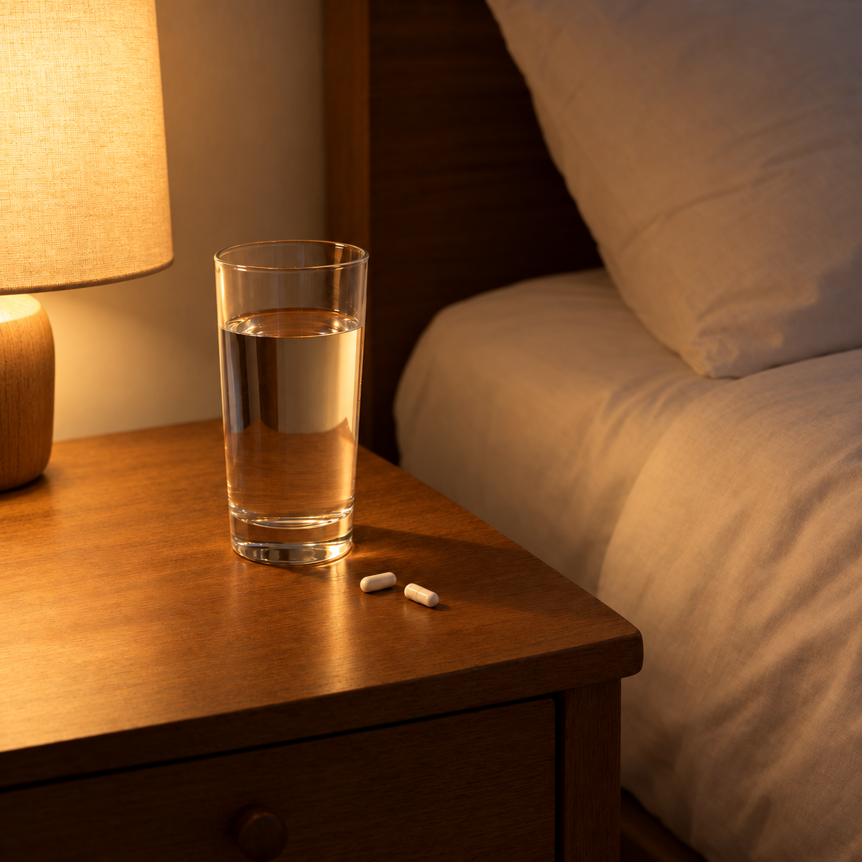 Two capsules and a full glass of water beside the bed