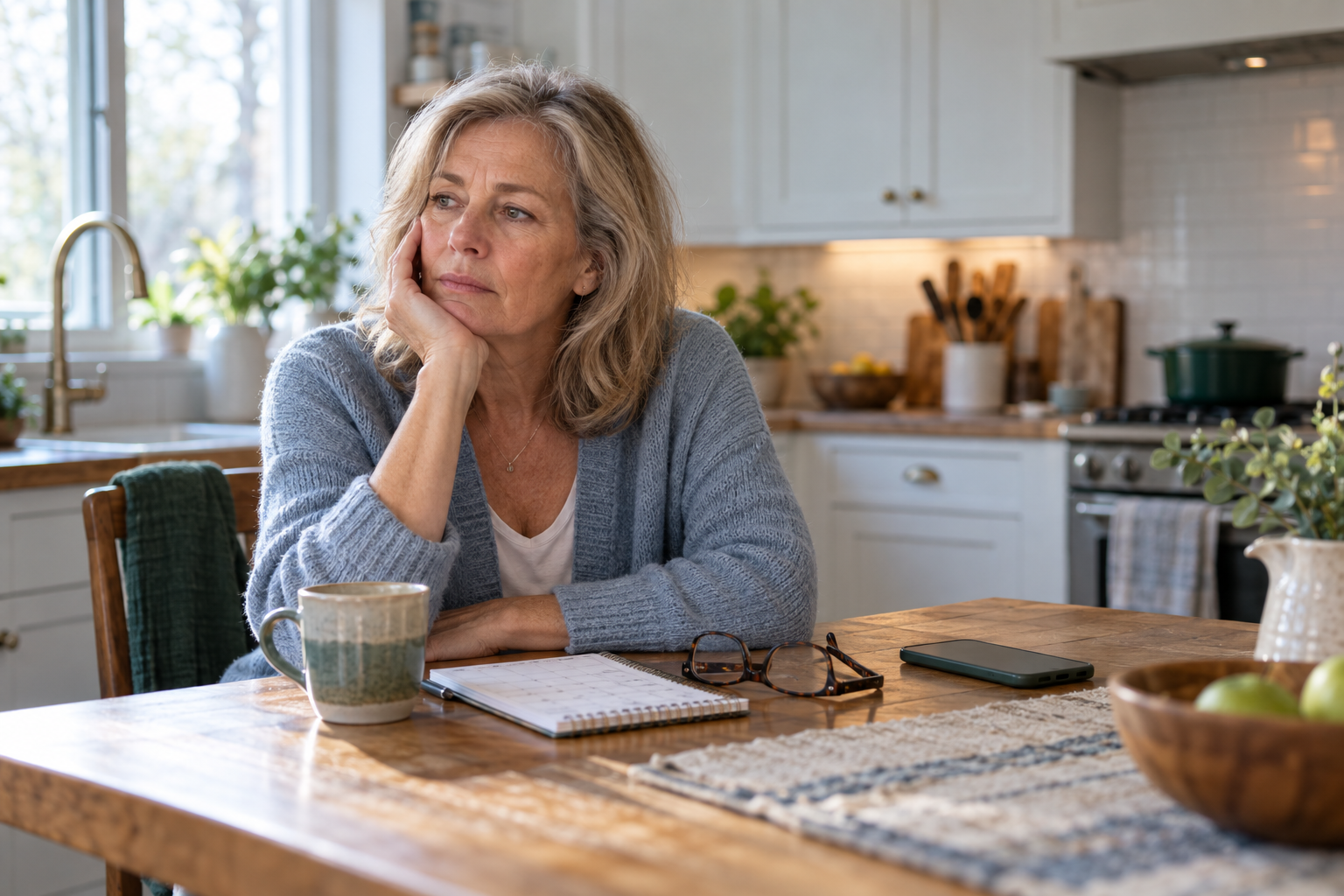 Woman waiting at her kitchen table early in the morning