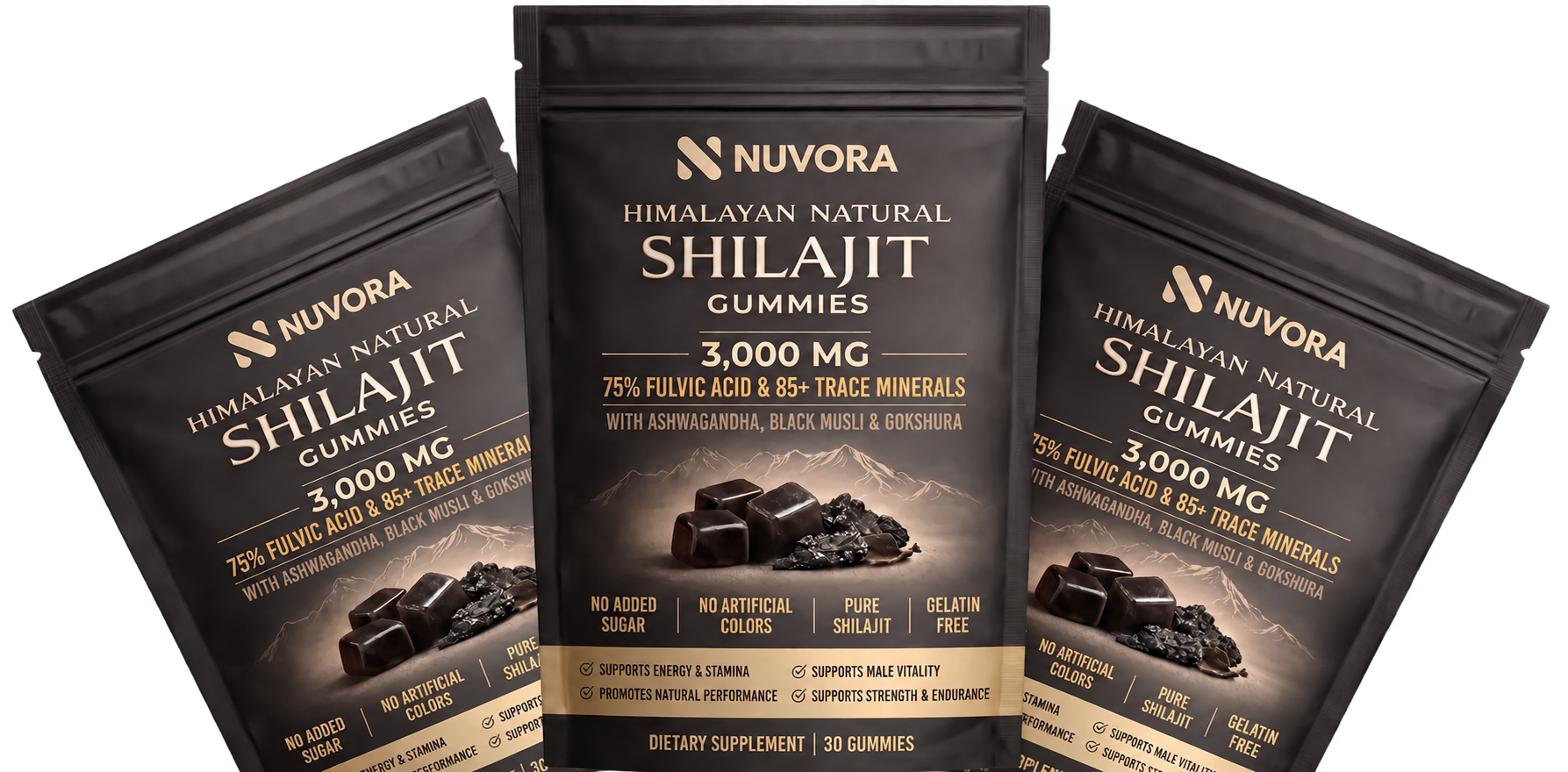 Three Nuvora Shilajit Gummies pouches